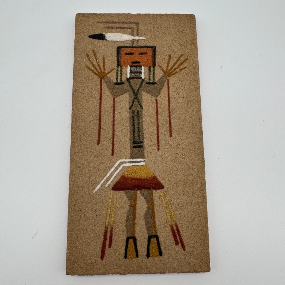 Vintage Sand Art Painting Healing God Native Style Harry Begay Signed 8x4